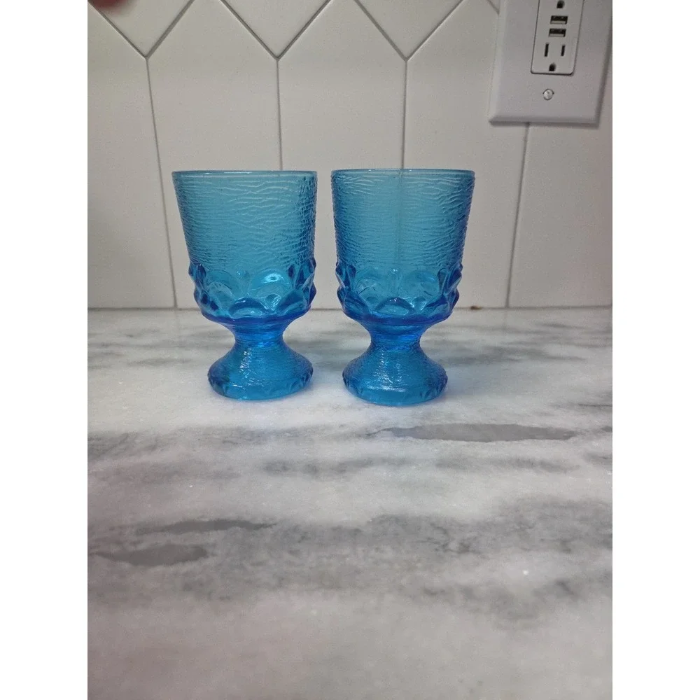 Brockway Glass Co Wine Goblets, Set of 2, Monterey Blue Footed Goblets, Textured